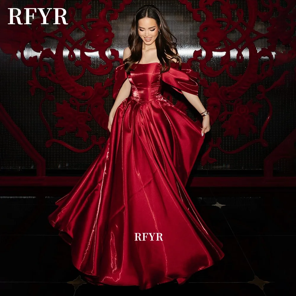 

RFYR Red A Line Evening Dress Shiny Satin Prom Dress Off Shoulder Party Dress for Princess Celebrity Gala Customizable