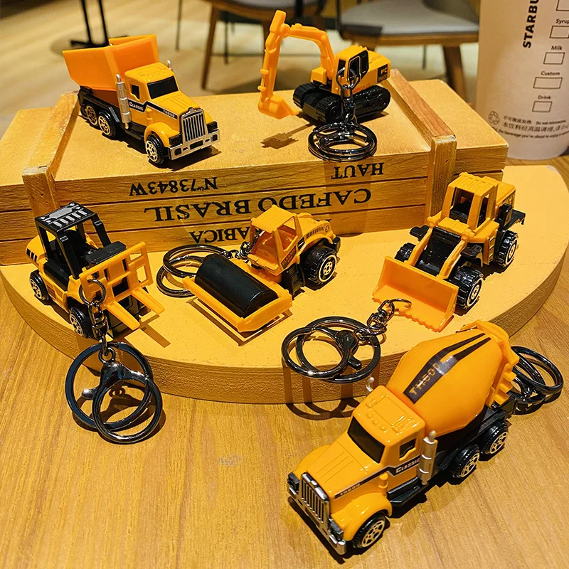 Creative Personality Alloy Engineering Car Excavator Key Chain Cartoon Forklift Roller Car Toy Keychain Student Bag Pendant Gift