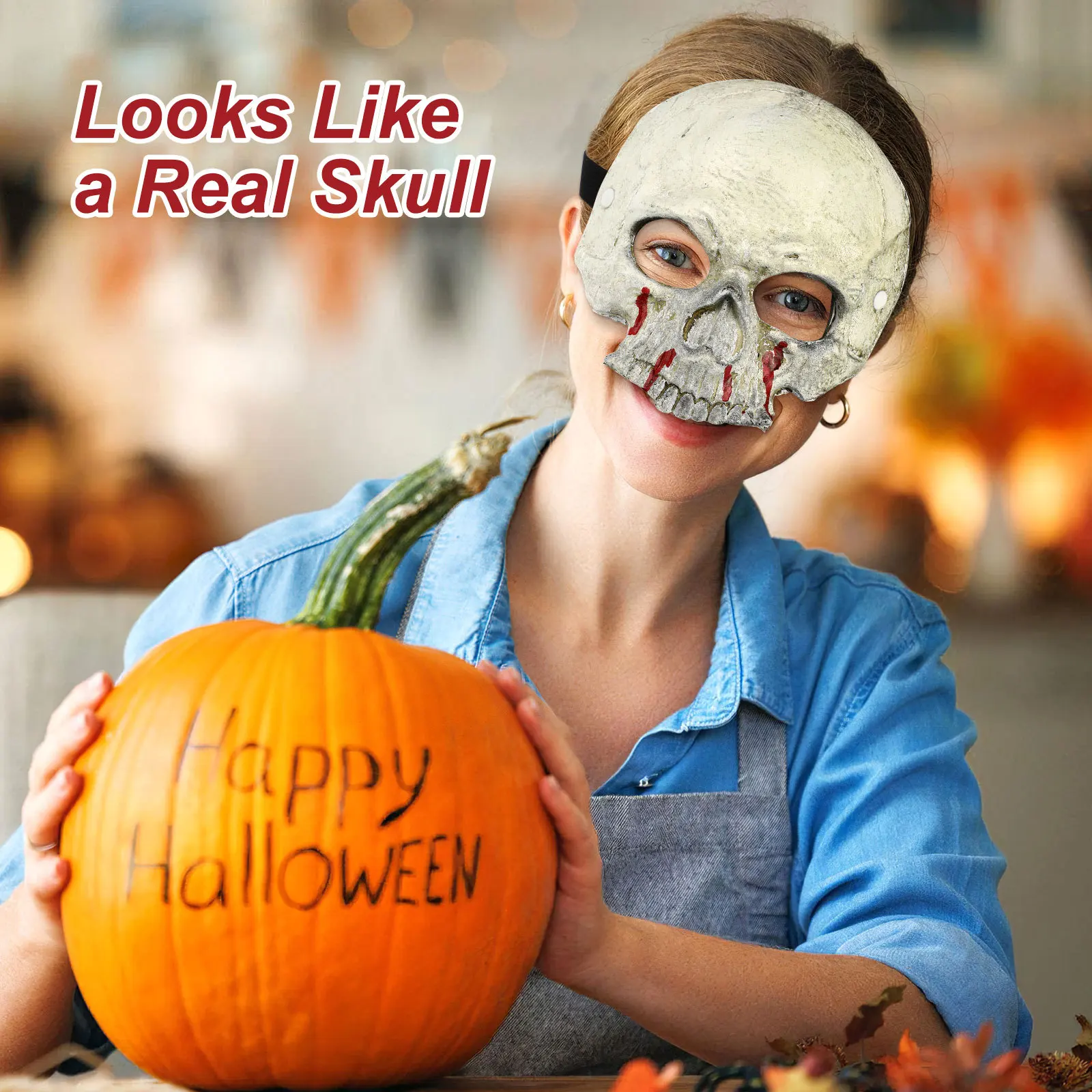 

Bloodied Skull Half Face Mask Halloween Horror Decoration Scary Masquerade Costume Party Cosplay Festival Wearable