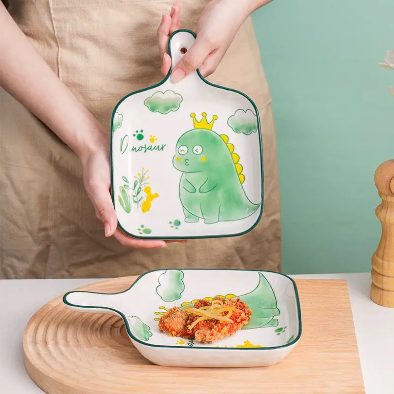 

Ceramic Plate Cartoon Dinosaur with Handle Pan Cheese Baked Rice Plate Microwave Oven Underglaze Dishes