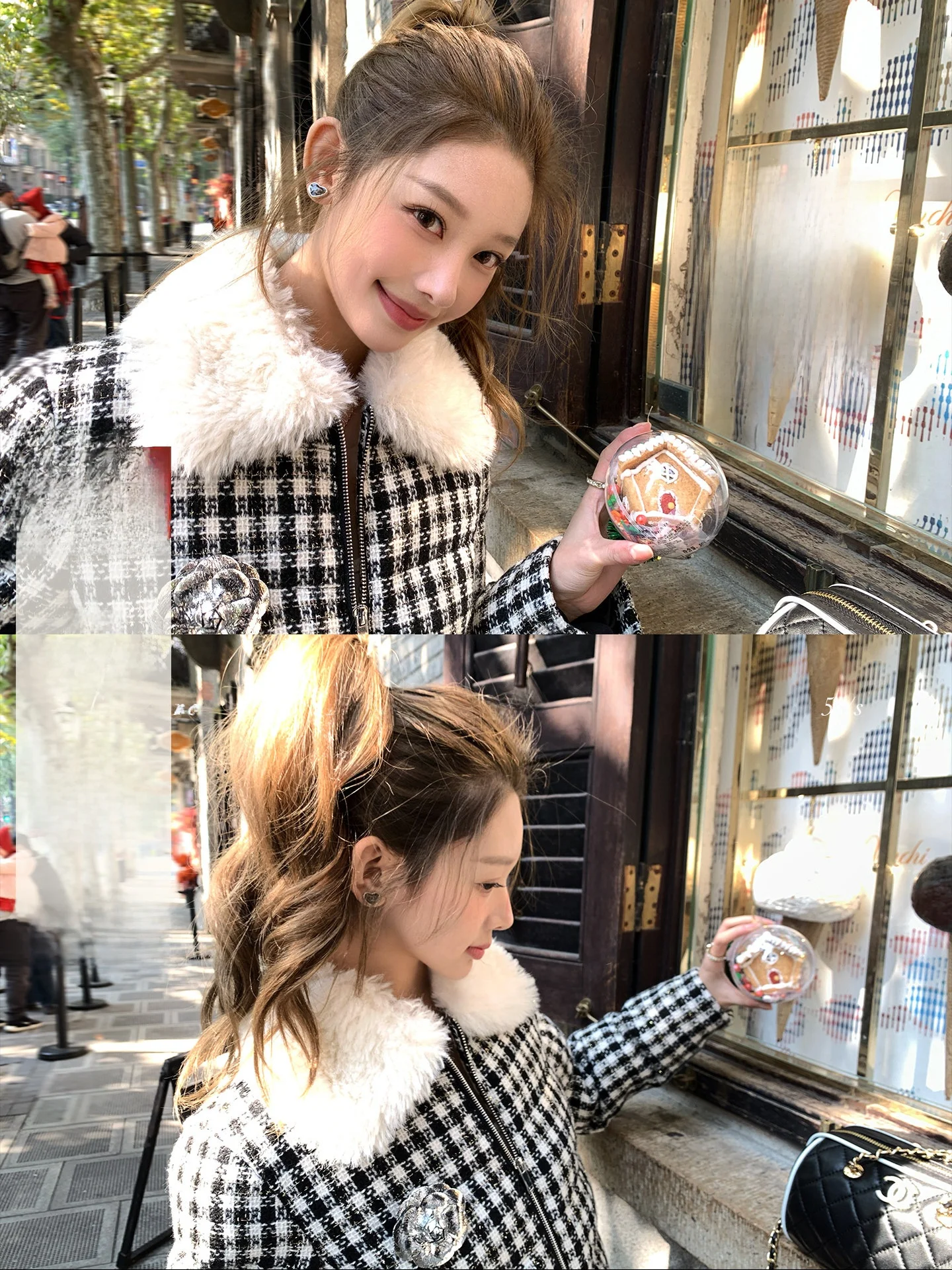 

LIONE Miss Hera Bla White Plaid Eco-Friendly Fur Collar Cotton Jaet Korean Sle Loose Fit Long Sve Zipper Closure