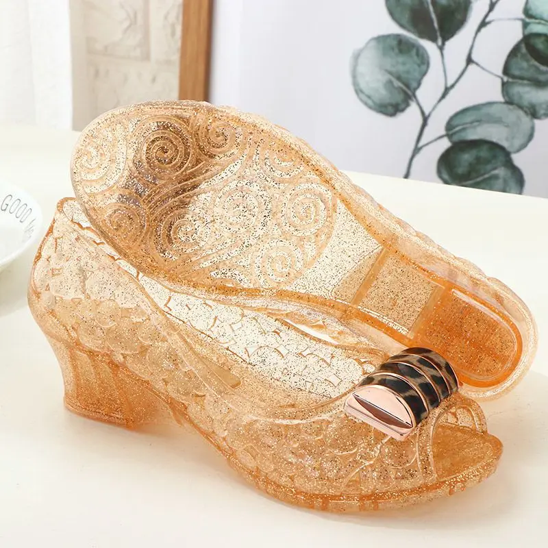 Ladies Crystal Jelly Wedges Sandals Woman Transparent Cut-outs Shoes Comfortable Mom Summer Sandalias Open Toe