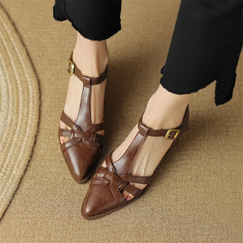 Summer Sandals Split Leather Cover Toe Sandals for Women Pointed Toe Chunky Heel Sandals Gladiator Shoes Ladies Shoes Brown