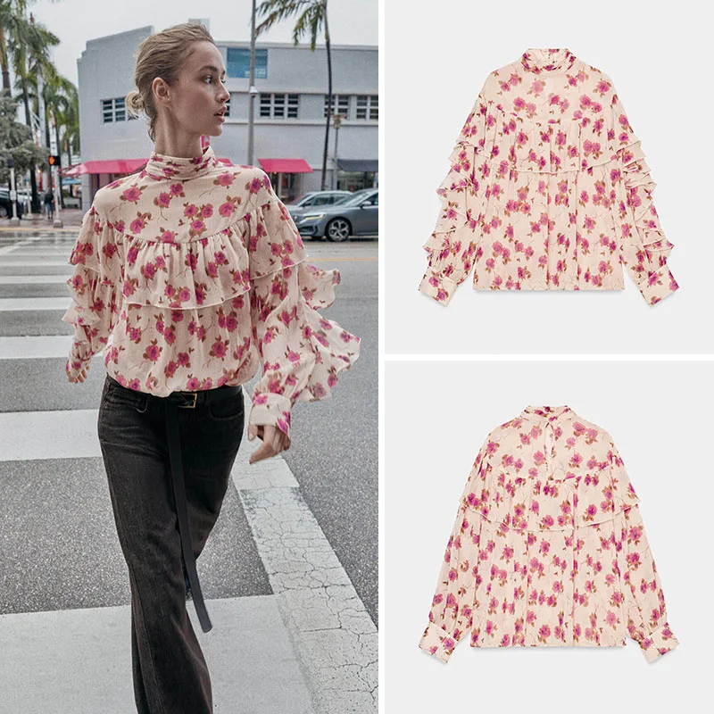 

Ele Long Sve Stand Collar Printed Layered Decorative irt New Arrival Women's Faion Spring 2026 Ethnic Stage Costume