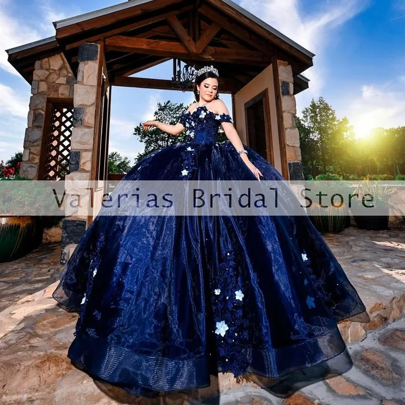 Vestido de quinceañera azul real de lujo, vestido de baile con apliques de cuentas, hombros descubiertos, tren de barrido, Vestidos de fiesta de cumpleaños, 15