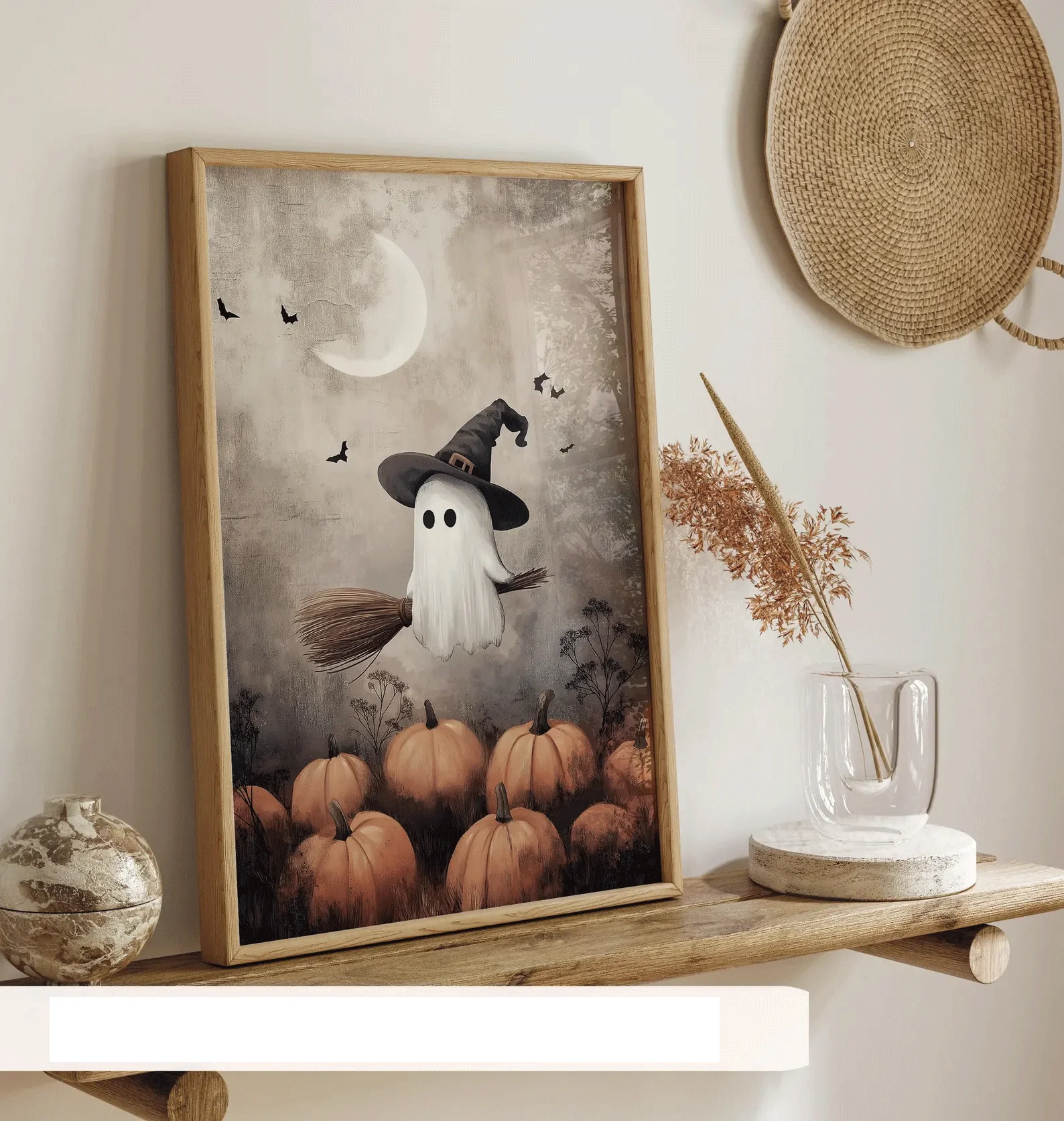 Halloween Printable Wall Art, Witchy Prints, Cute Ghost Painting, Ghost with Broomstick, Halloween Decor Digital Download