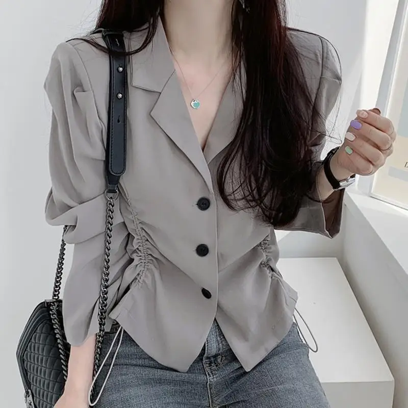 Fashion Lapel Solid Color Loose Shirring Shirt Women\'s Clothing 2023 Spring New Casual Tops All-match Office Lady Blouse