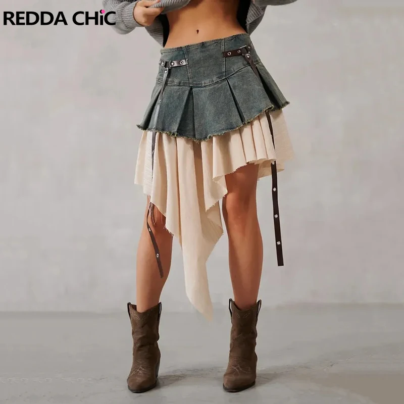 

REDDACHiC женская джинсовая юбка с рюшами и бахромой, потертая плиссированная асимметричная юбка трапециевидной формы с высокой талией, уличная одежда в стиле вестерн в стиле ретро