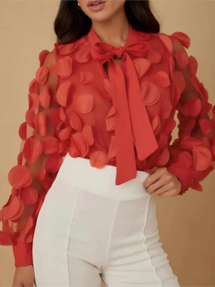 

Autumn Spring Trendy See-through V-neck Jacquard Blouses Women New Elegant Puff Sleeve Office Ladies Chiffon Blouse Casual Tops