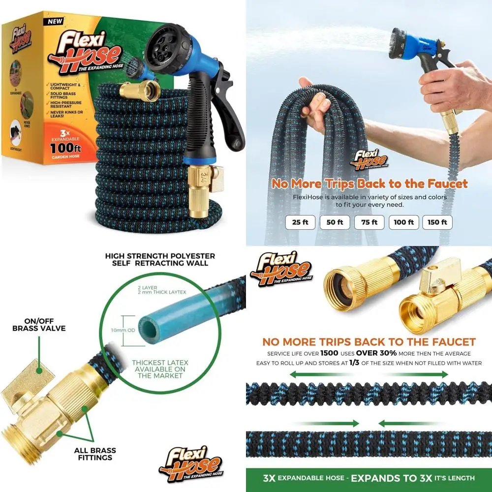

Expandable Garden Hose 100FT - Lightweight, No-Kink Flexibility, 8-Function Nozzle, 3/4 Inch Solid Brass Fittings, Durable and E