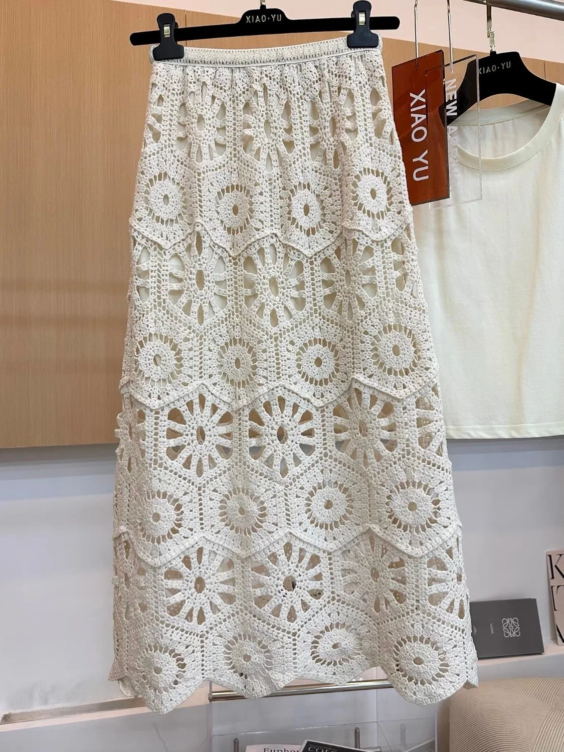 

High Waist A-Line Skirt Hollow out Hook Design Summer New Arrival Women's Skirts Korean Sle Midi Skirt Hollow out