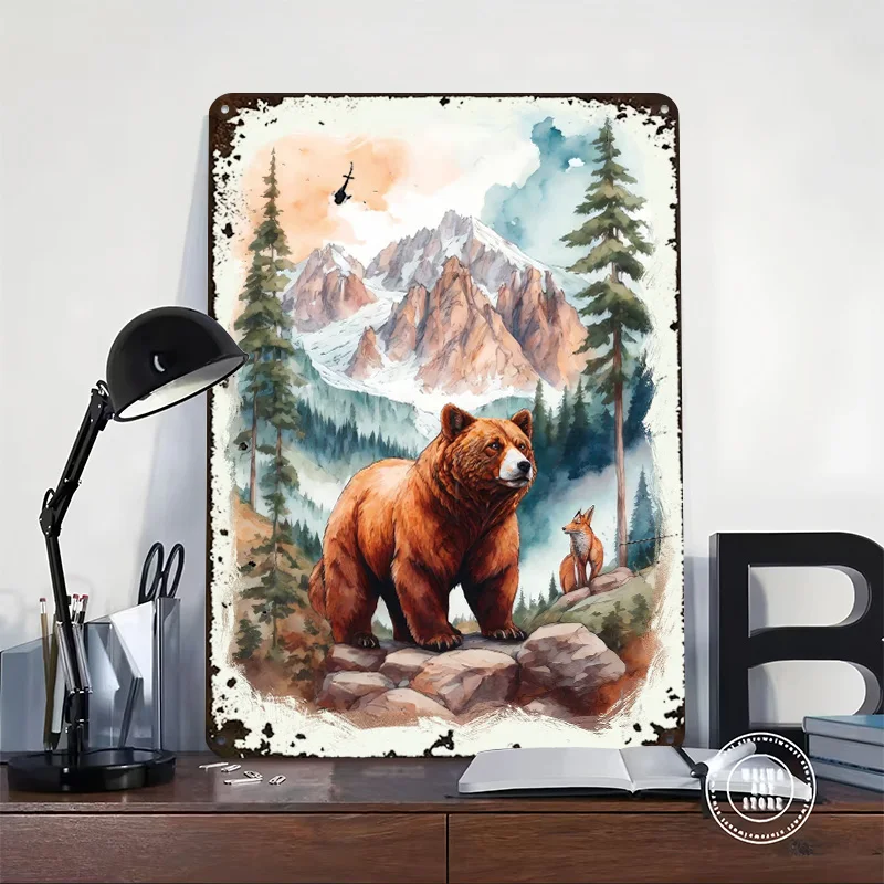 Bear With Fox in Forest 3D Texture Metal Poster Customized Wall Art Tin Sign Gift for Mancave Living Room Decoration Man Cave