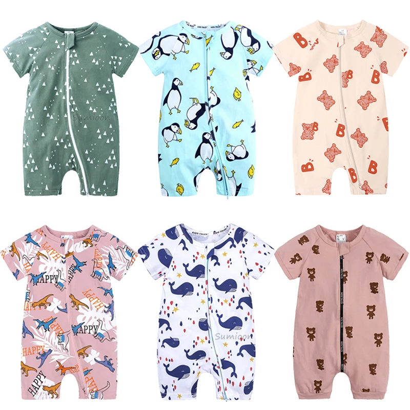 Newborn Baby Boys Girls Cartoon Print Romper Infant Short Sleeve Summer Cotton Bodysuit Infant Double Zipper Jumpsuit Clothes