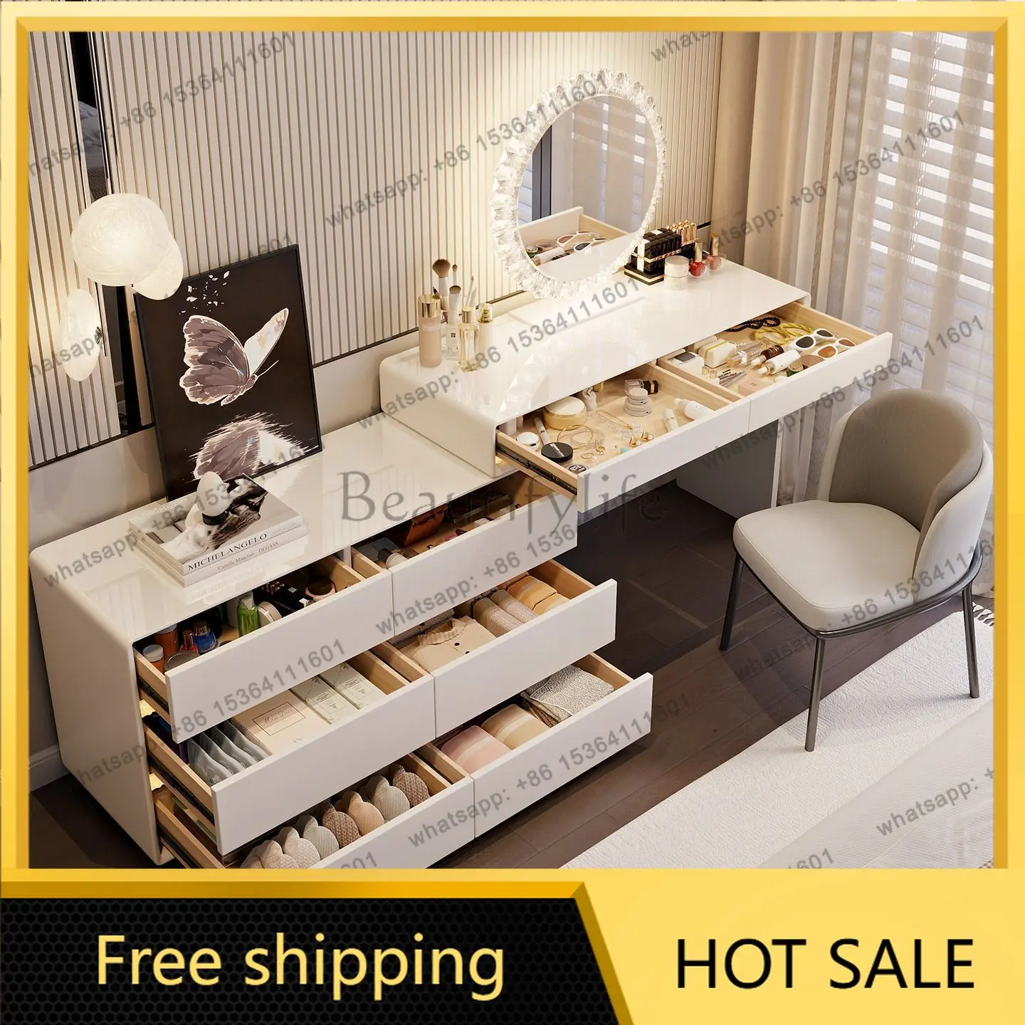 LDModern Dressing Table Cabinet with 6 Drawers Rock Slab Makeup Table Multi-functional Storage Light Mirror Luxury High-end