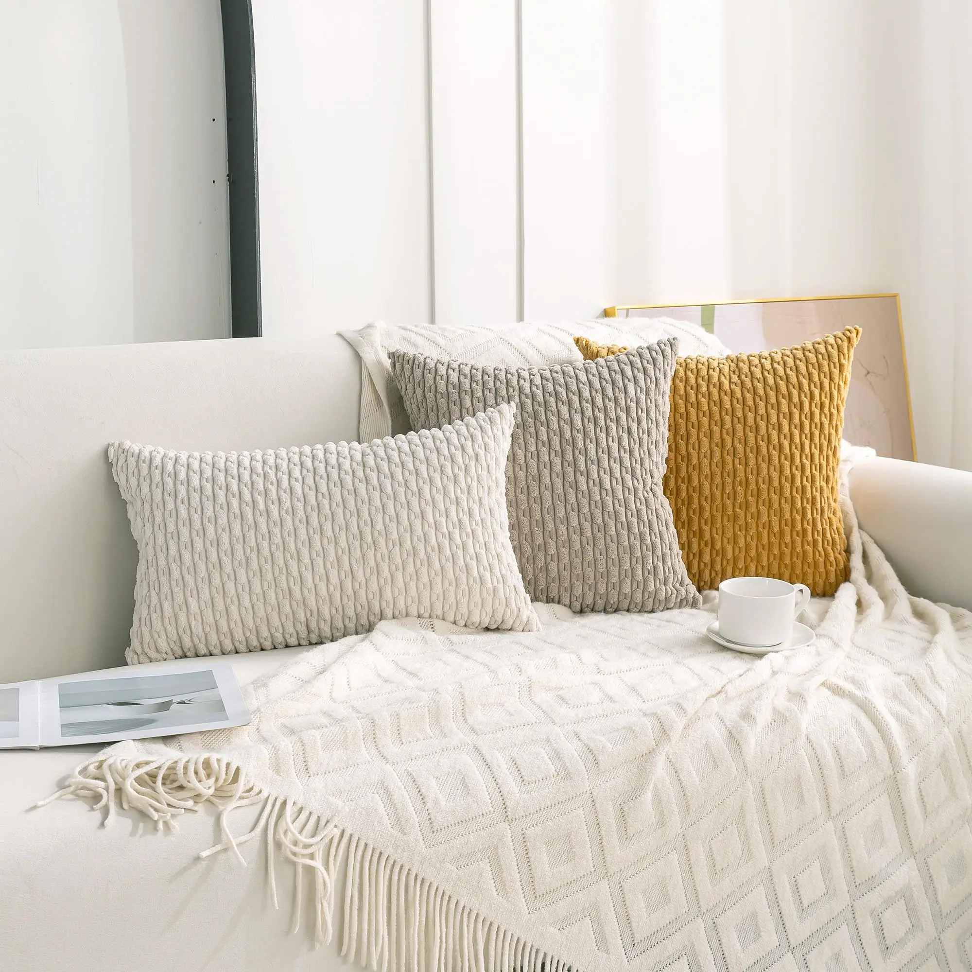 Cream White Decorative Throw Pillow Covers 45x45CM Corduroy Pillow Covers for Bed Sofa Living Room Soft Square Cushion Cases