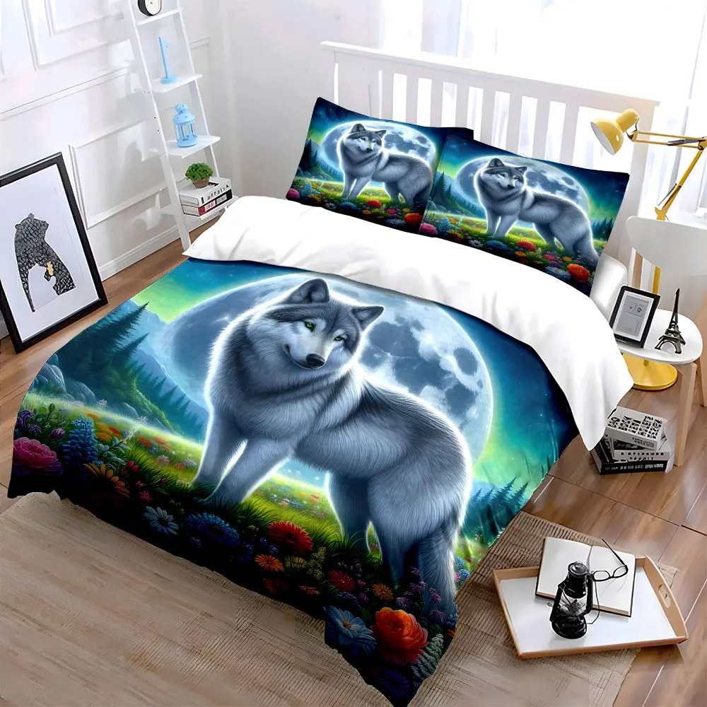 Silver wolf in moonlit meadow Bedding Set for Kids Luxury Gift 3pcs Digital Print Comforter Set Soft Comfortable Breathable