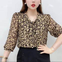 Women's Spring and Autumn Fashion Elegant Long Sleeve Printed Bow Neck Shirt Casual Covering Belly Versatile Western Style Tops