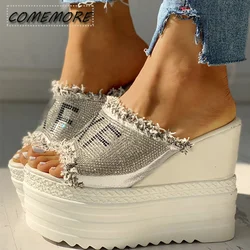 Shoes for Women Sandals Summer 2023 Crystals Leisure Platform Wedges High Heels Mules Slippers Outside Round Head White Footwear