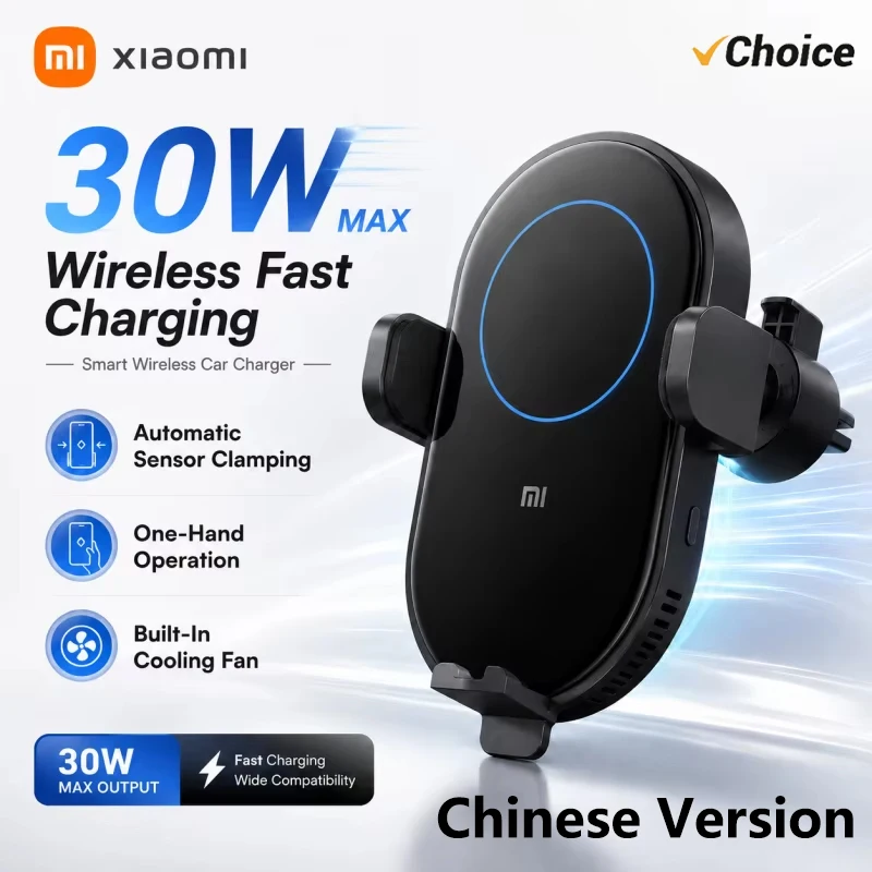 Originele Xiaomi 30W Max draadloze autolader, ondersteunt snel opladen, automatische uitschakeling en inductieve telefoonhouder.
