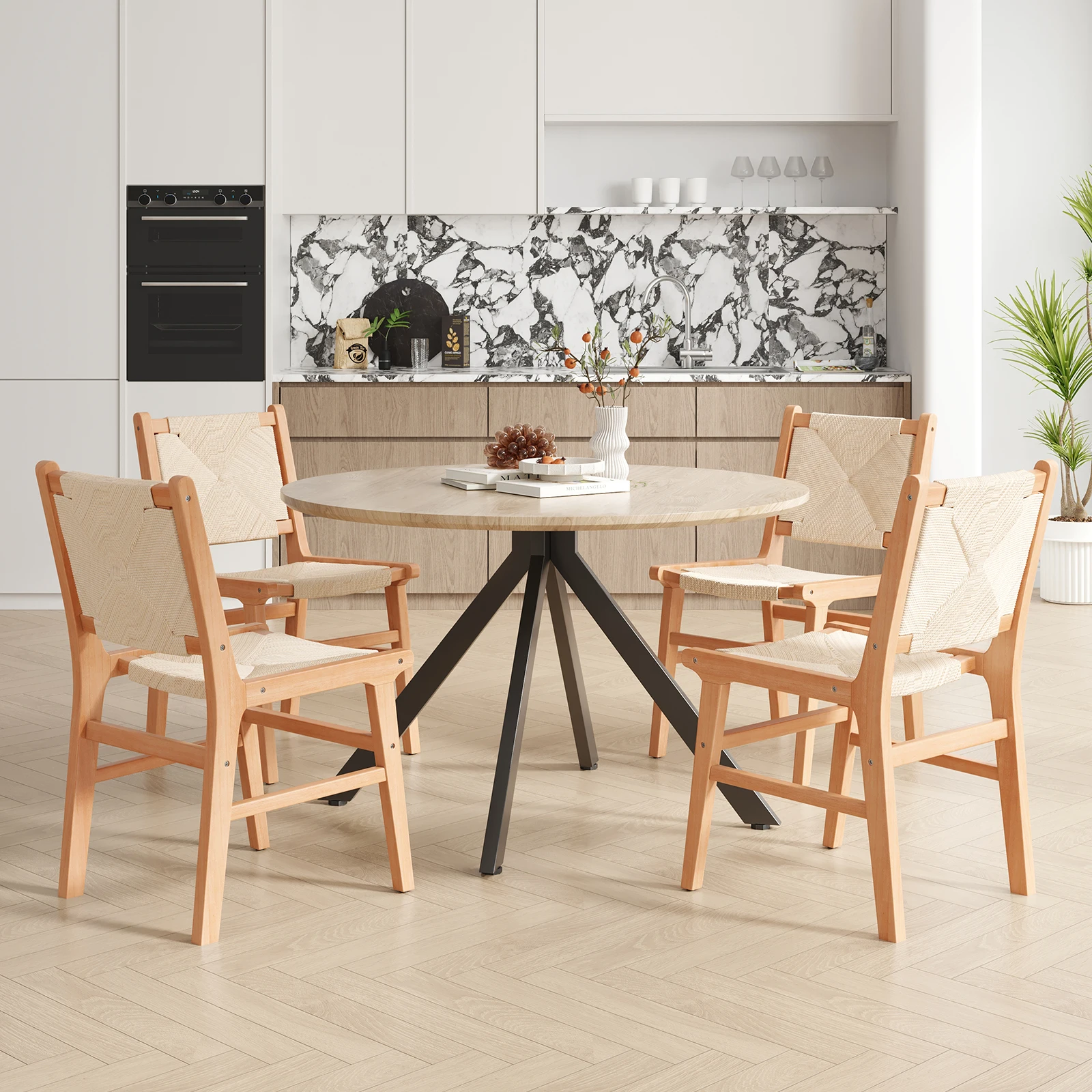 Farini Set of 2 Natural Wood Frame Cream Rope Dining Chairs – Stylish Modern Kitchen & Dining Room Seating