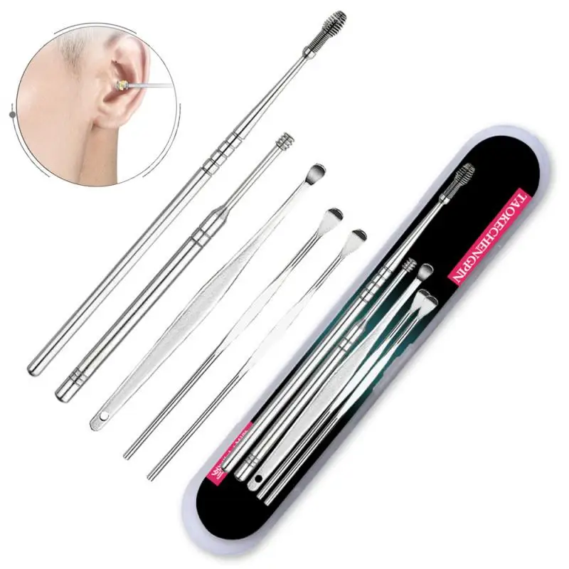 Aço inoxidável Ear Cleaner Kit Com Caso, Earpick, Wax Pick, Removedor De Cureta, Espiral Colher, Cotonete, Conjunto De Ferramentas