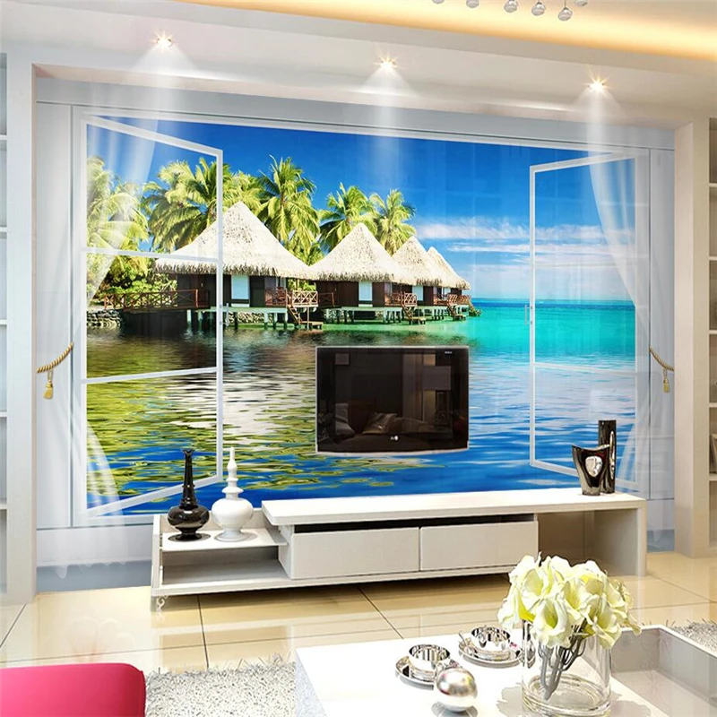 papel de parede Custom photo wallpaper window seascape landscape painting living room TV background wall paper home decoer mural