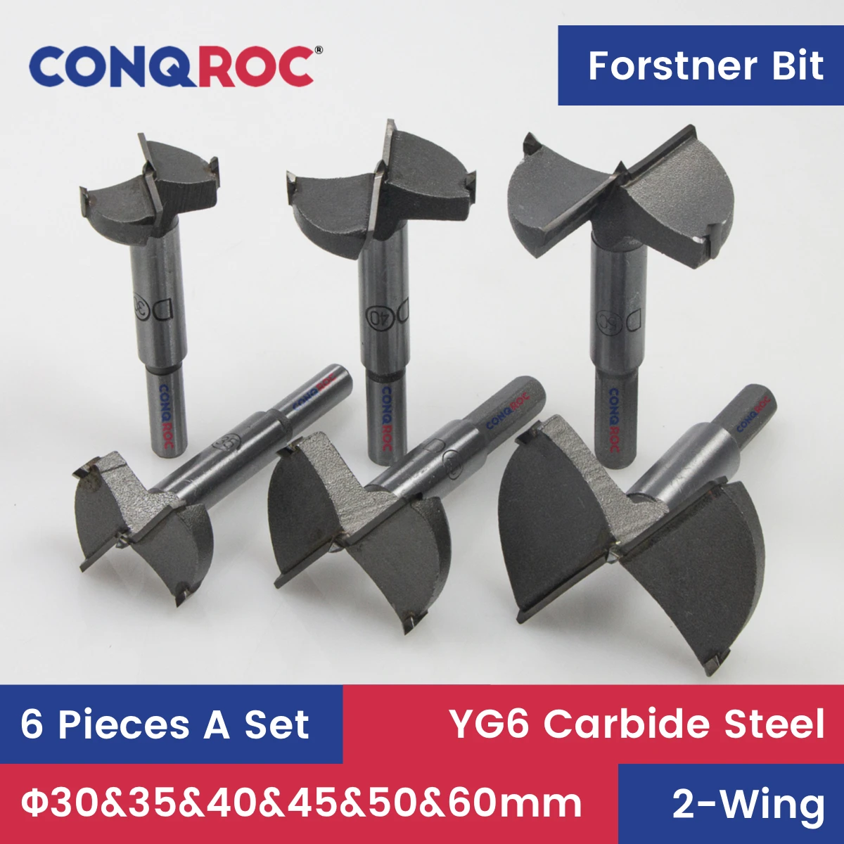 Forstner Drill Bits Set Carbide Steel Woodworking Hole Openers 6-Piece Diameter-30&35&40&45&50&60mm