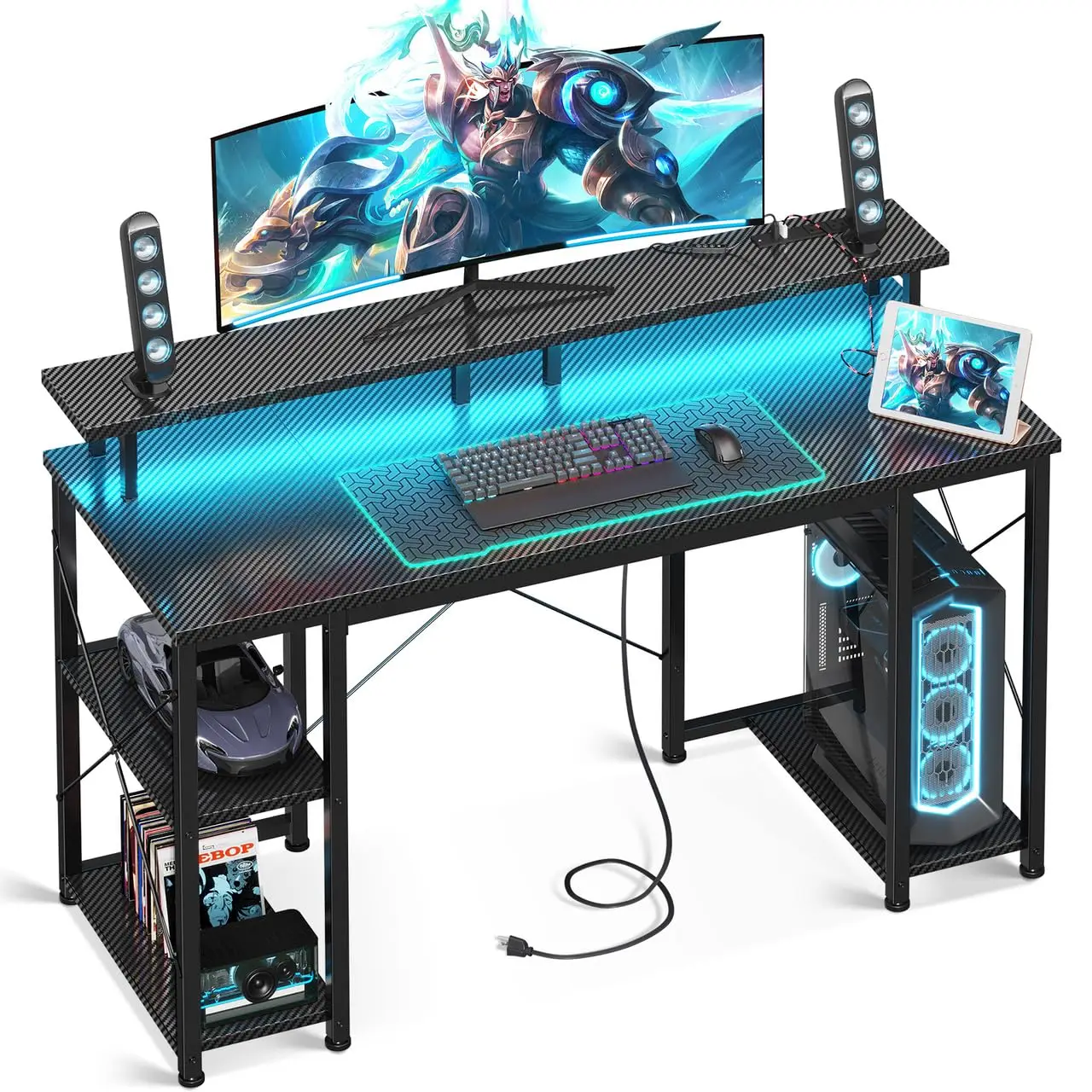 

48 inch Computer Desk with Power Outlets & LED Lights, Gaming Desk with Monitor Stand & Storage Sheves, Home Office, Customized