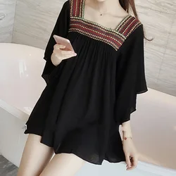 Korean Solid Ladies Tops Casual Summer Loose Pullovers Square Collar T-Shirts Fashion Short Sleeve New 2024 Women's Clothing