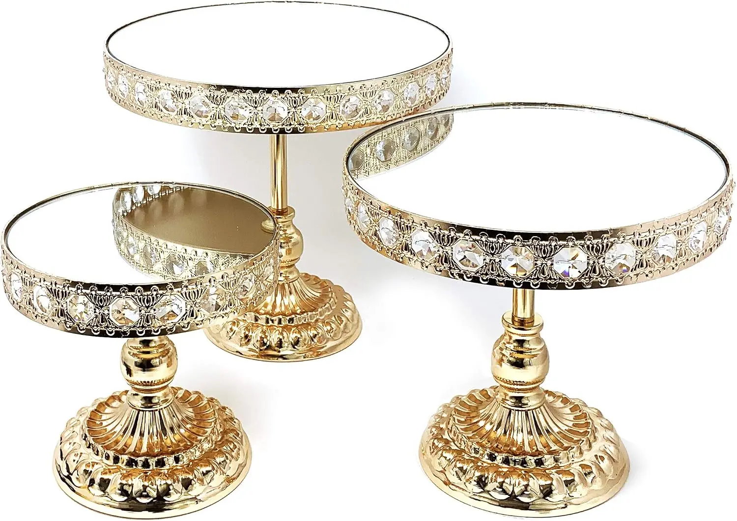 Cake Stand Set, 3-Piece Crystal Gold-Plated Wedding Display with Mirror Plates, Round Gold Bases for Cheese, Dessert, and Cupcakes