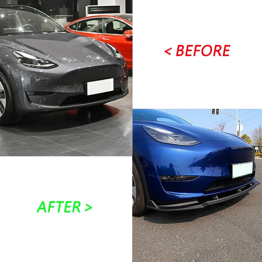 Tesla Model Y 2019-2024 용 외관 업그레이드 립 범퍼 턱 디퓨저 카본 룩/글로스 블랙이있는 3Pcs 바디 키트 프론트 스포일러 썸네일 2