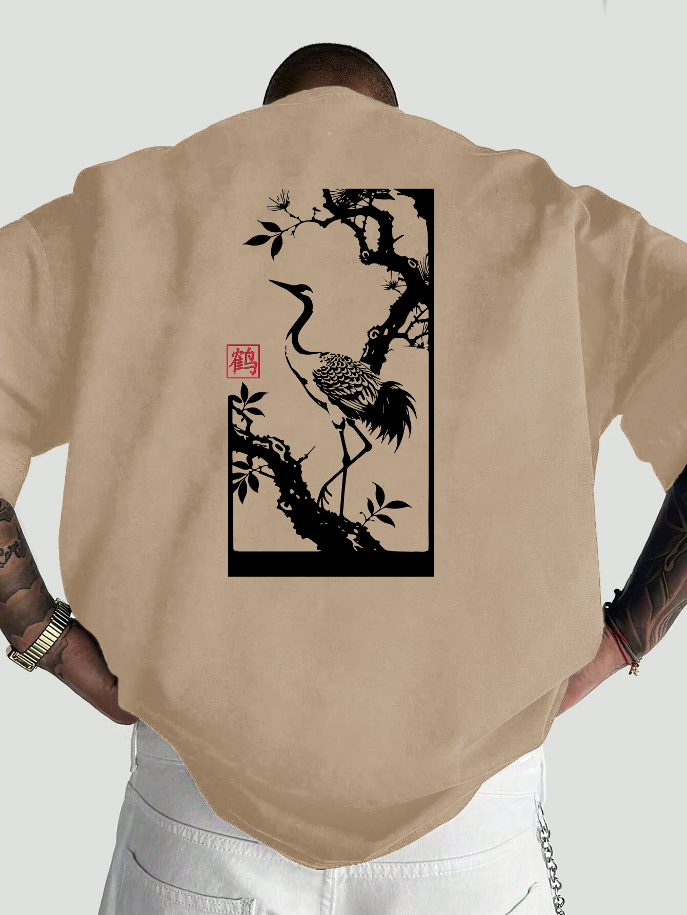 Men Oversized T Shirt Chinese Style Red-crowned Crane Pine Tree Seal Back Print Crew Neck Short Sleeve Street Loose Casual Tee