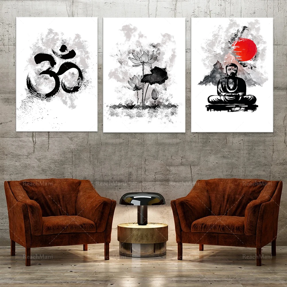 （Unframe 3PCS）-Aquarelle Art Prints, Set of 3 Prints, Yoga Art, Buddha Wall Art, Lotus Flower, Meditation Art, Spiritual Art,