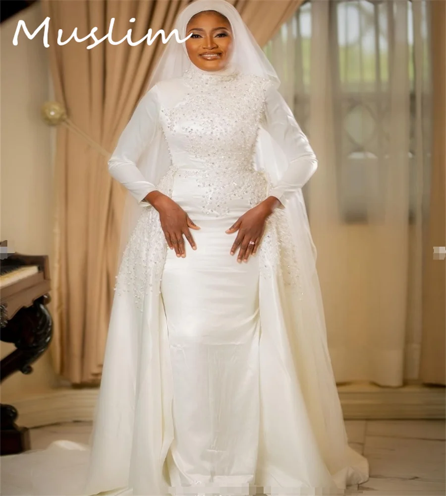 Luxury Muslim Mermaid Wedding Dress With Overskirt Ivory Islamic Nigeria Plus Size Dubai Bridal Gowns Elegant Bride Customized