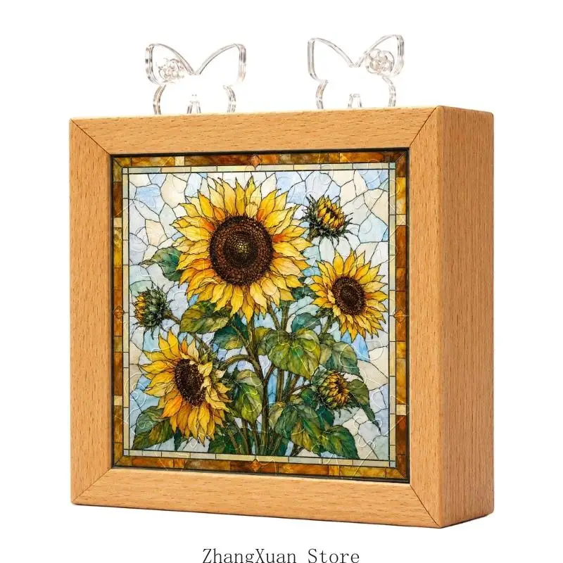 Small Puzzle Panel Lamp with Wood-Look Base for Home Shelf Use 3XUF