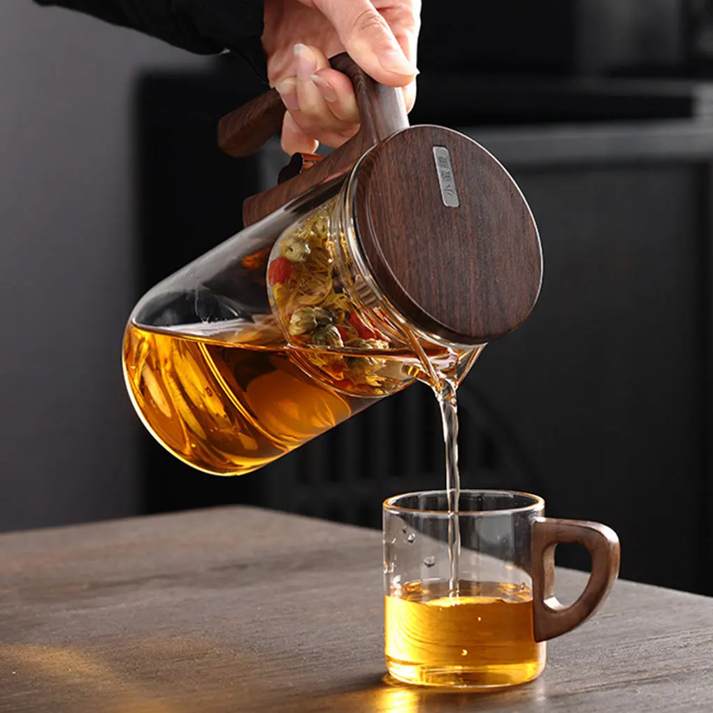 Water Separation Inner Container Teapot One Click Magnetic Switch Tea Separation Filtration Glass Tea Pot Wood Handle Tea