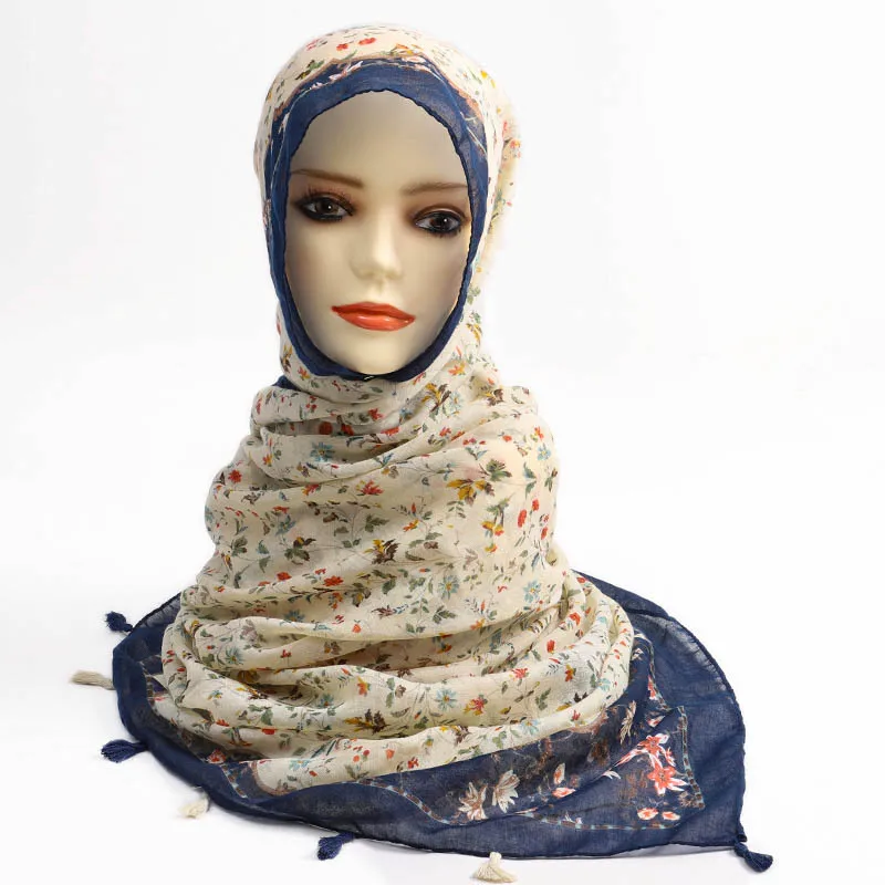 

Printed Floral Cotton Tassel Scarf Hijab Fashion Muslim Headband for Woman Summer Beach Long Muffler Viscose Shawls 185*90cm