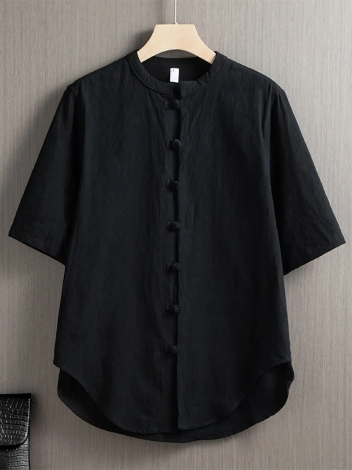 Chinese Style Linen Shirt Men Loose Fit Mandarin Collar Short Sleeve Button Up Cotton Shirt