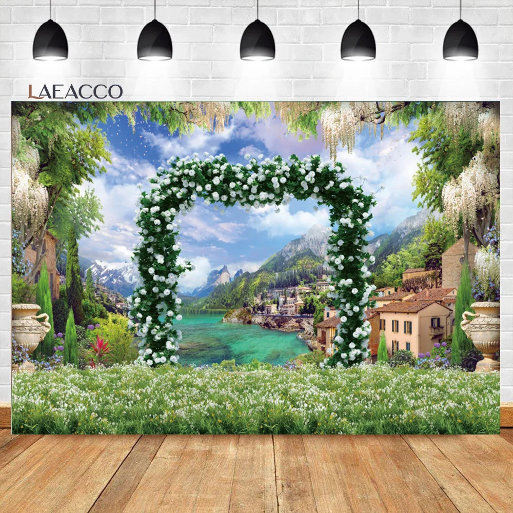 Laeacco Retro Garden Beautiful Balcony Seascape Scenery Backdrop Romantic Wedding Arch Girl Kids Portrait Photography Background