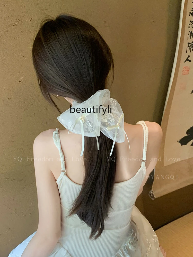 

Organza Handmade Embroidery Bow Tulle Hair Ring Chinese High Sense Headdress Flower Hair Rope Head Accessories