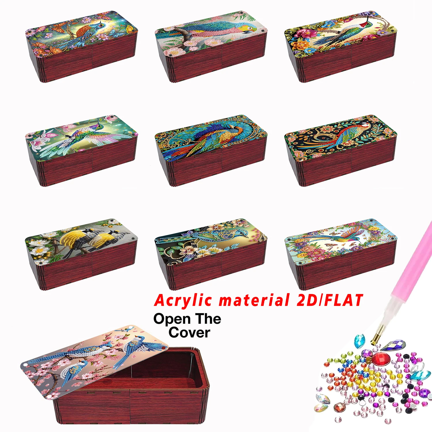 

Набор красных прямоугольных настольных ящиков для хранения с ромбовидной росписью и креативными узорами цветочных, воробья и колибри.