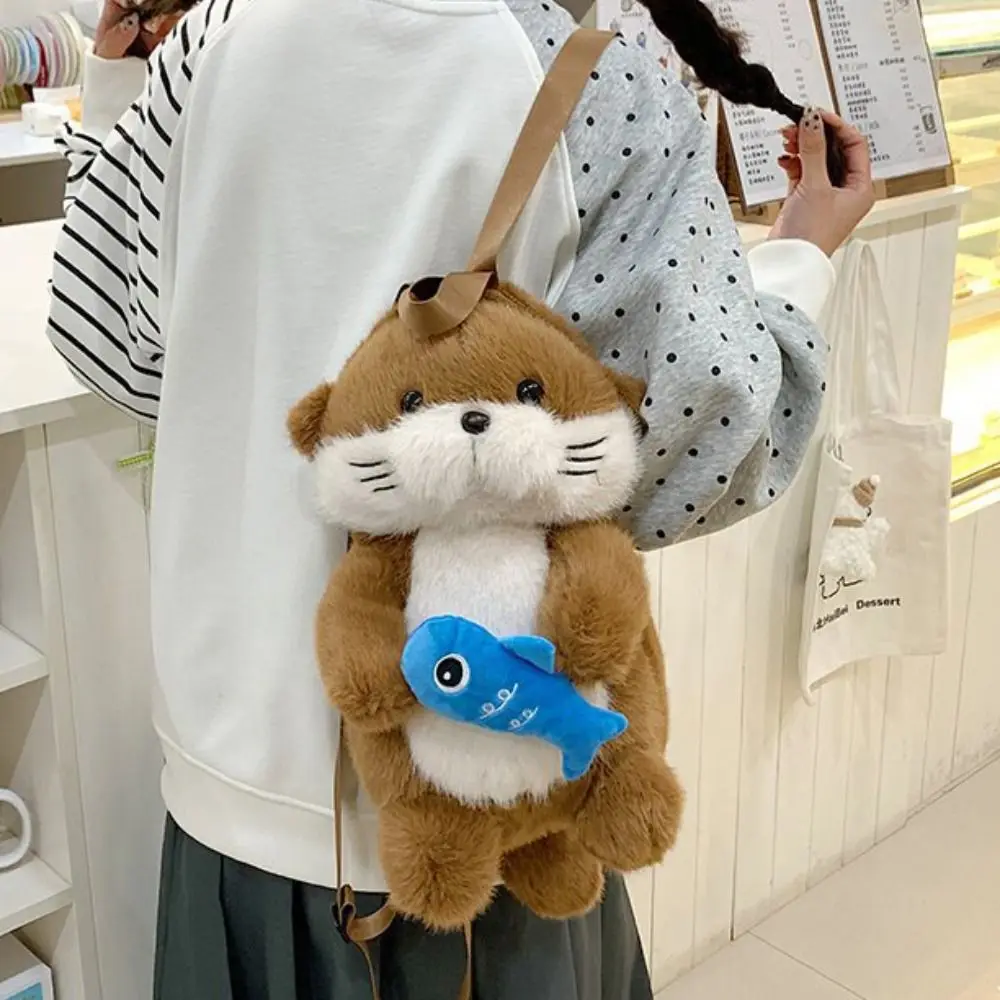 Adorable Otter Backpack Holding Fish Fluffy Simulation Animal Shoulder Bag Realistic Look Soft Student School Bag Casual Use