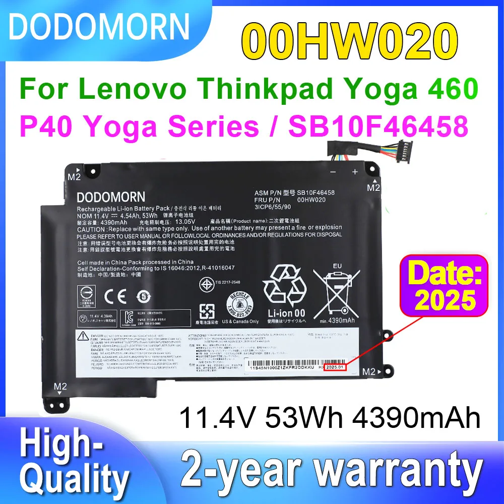 

00HW020 Laptop Battery For Lenovo ThinkPad Yoga 460/P40 Yoga 20GQ 00HW021 SB10F46458 SB10F46459 11.4V 53Wh 4390mAh DODOMORN