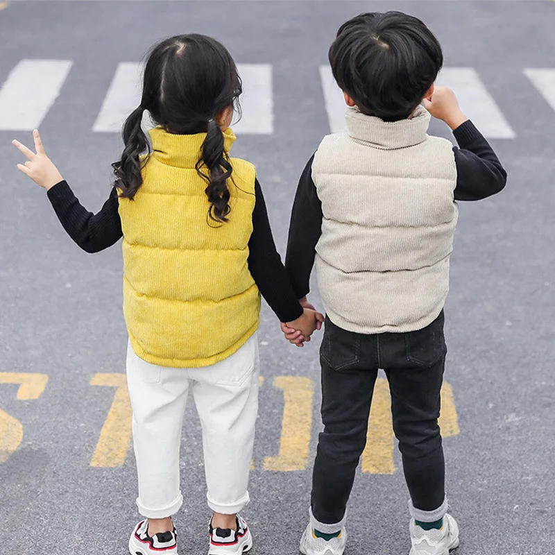 Children Autumn Winter Warm Vest Girls Casual Solid Color Jacket Boys Simple Fashion Collar Thickened Corduroy Waistcoat 2-10T