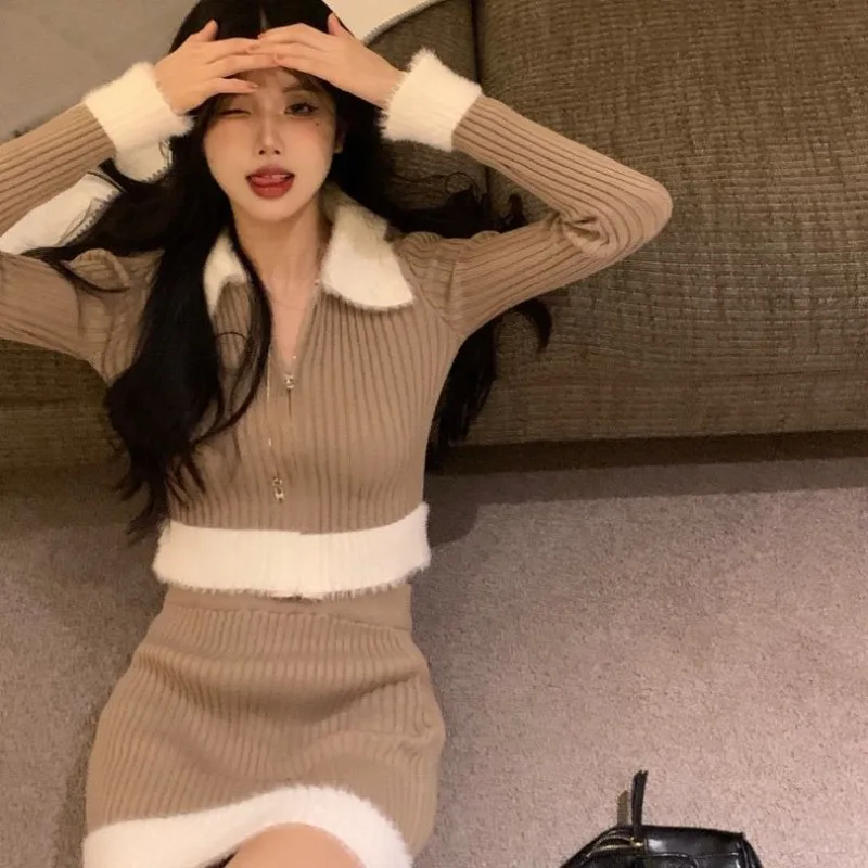 

Women's Sweet Hot Girl Sexy Suit, Autumn, Winter Short Knitted Cardigan, Wrap Hip Mini Skirt, Female Fashion Clothes, 2 Pcs Set
