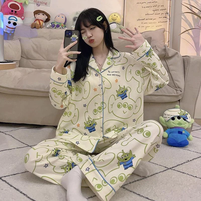 Disney three-eyed boy autumn new cute sweet cartoon pajamas women\'s spring comfortable simple cardigan loungewear set