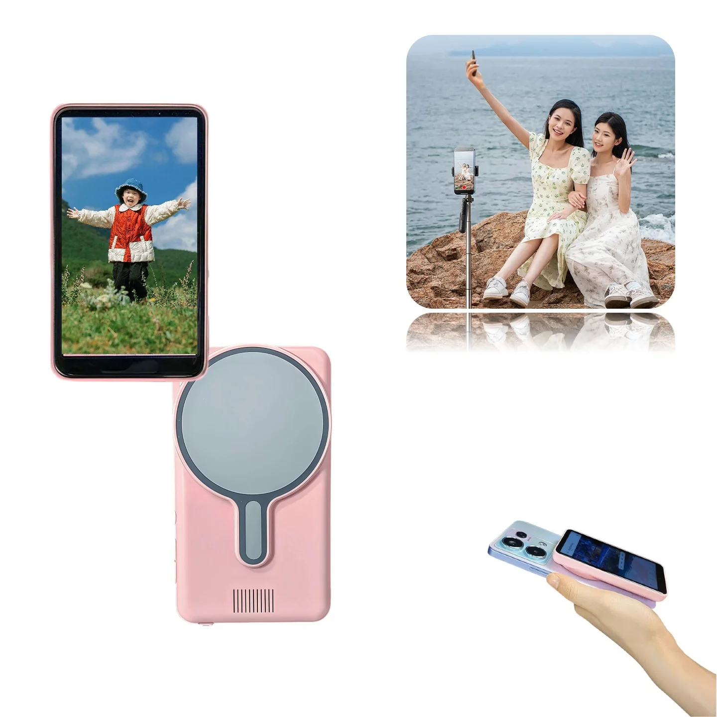 Pantalla rosa de 4,02 pulgadas Teléfono inalámbrico magnético inteligente Vlog Selfie Monitor Pantalla disponible iPhone y Android
