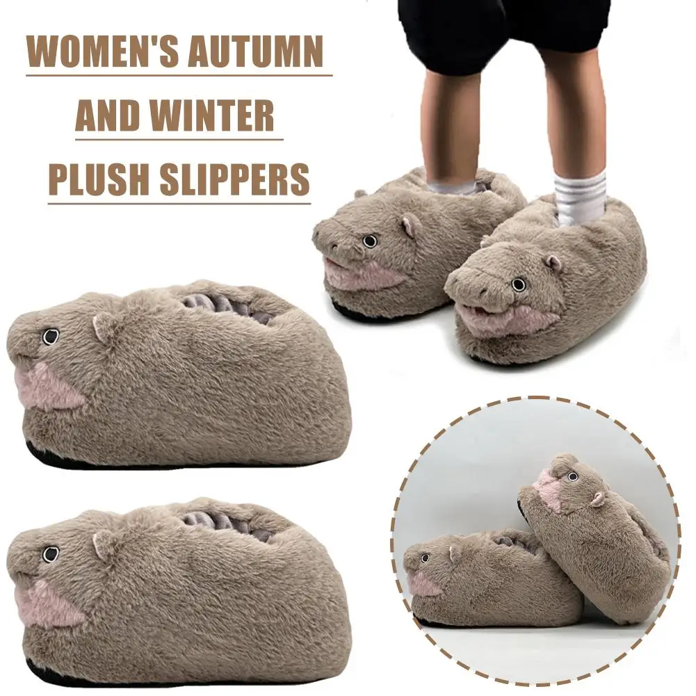 1 Pair Autumn-winter Plush Slipper Lady Moo Deng Plush Toys Cute Soft Stuffed Cushion Cartoon Home Decor For Kid Girl Gifts K2s6