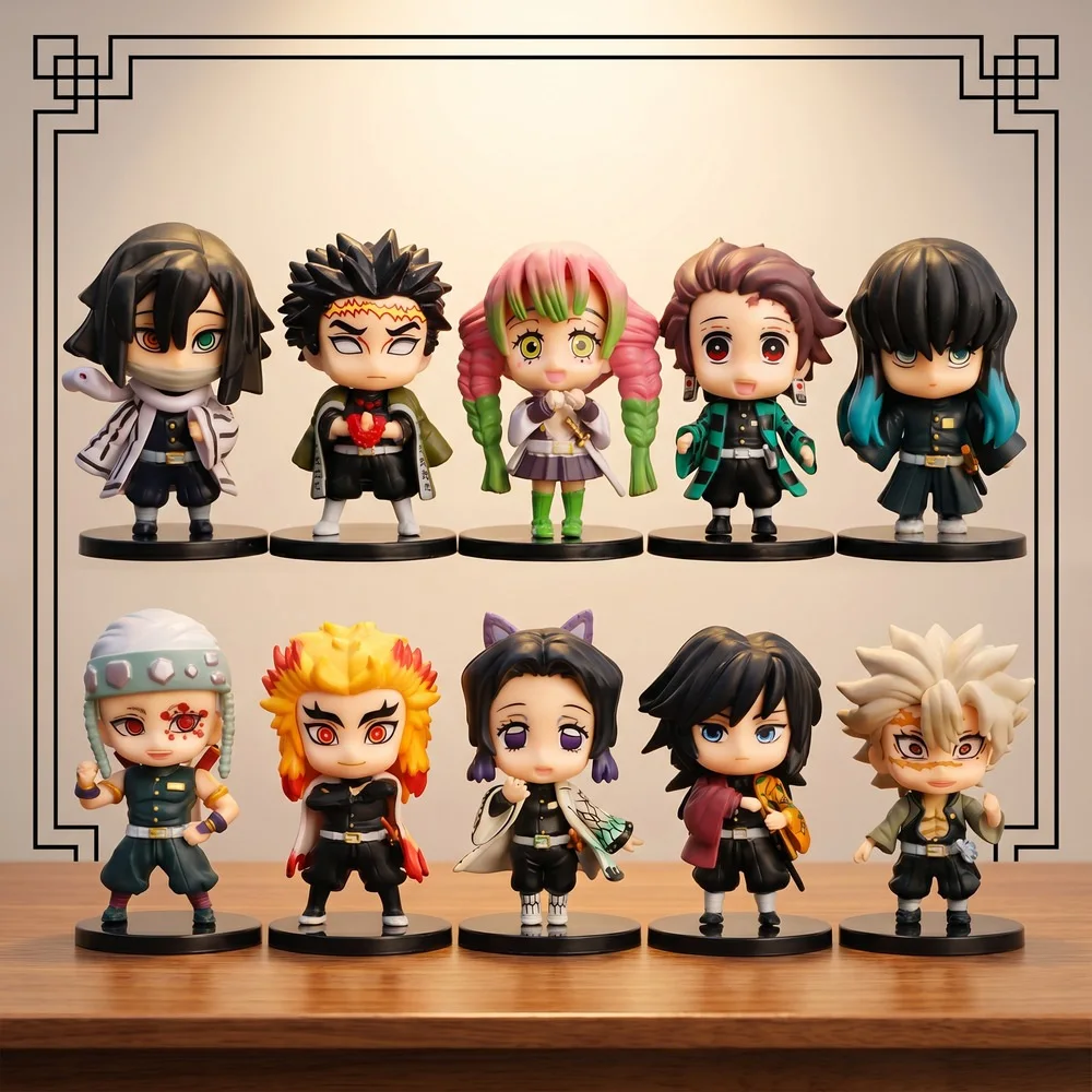 Demon Slayer Tanjiro Rengoku Shinobu Mitsuri PVC Anime Figure Statue 10pcs Character Set Desk Shelf Ornament Collection Display