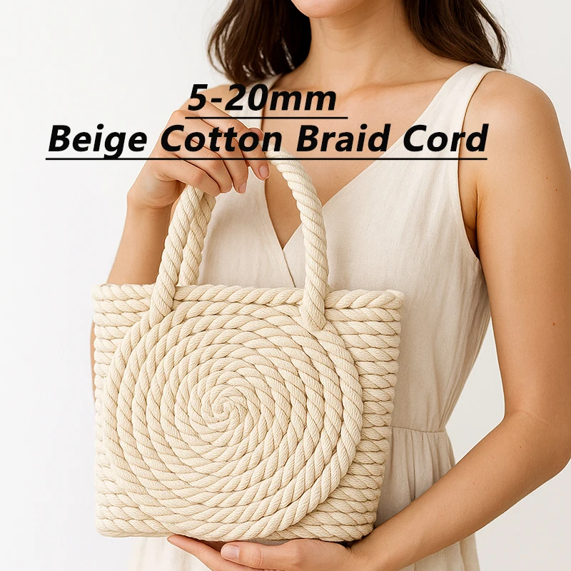 

1-5M 5-20mm Beige Cotton Braid Cord 3 Shares Twisted Rope Thread Bag Clothes Decor String Cords Macrame DIY Sewing Accessory
